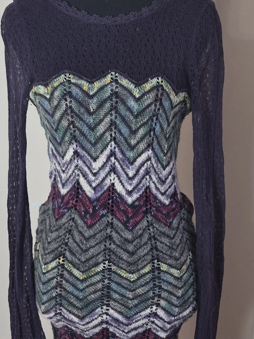 Free People Dress Womens XS Crochet Knit Chevron Bell Sleeve Scoop Back